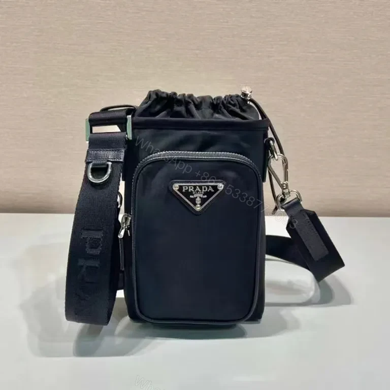 Black Nylon Messenger Bag — Faux Prada Logo, Drawstring Closure, Adjustable Strap — view 1
