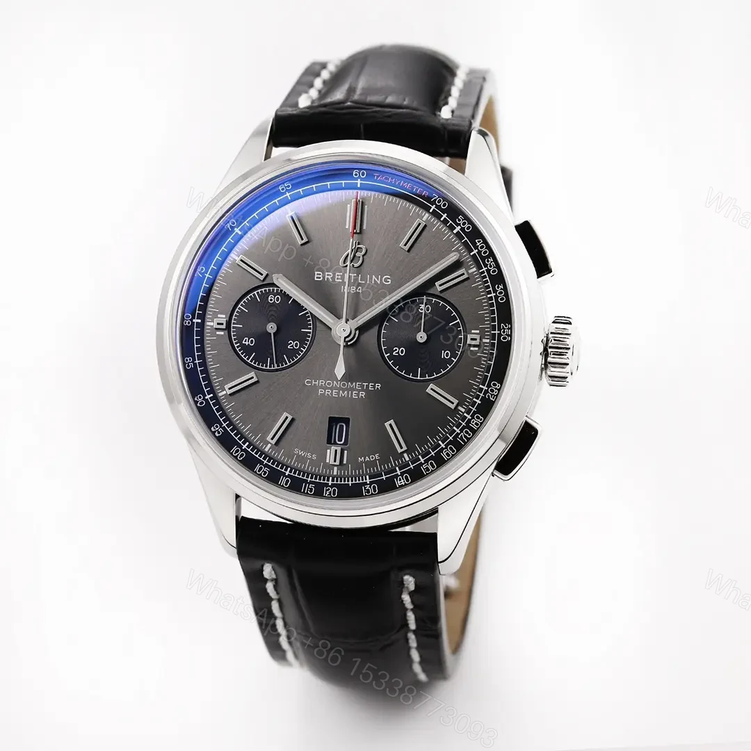 View 2 of GF Factory Breitling Premier B01 Chronograph Watch – Black Dial, Blue Bezel, Stainless Steel Case, Leather Strap