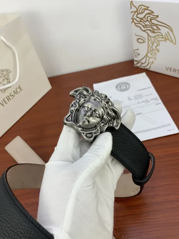 View 5 of Medusa Buckle Leather Belt - Luxury Gold Accent, Versace-inspired Style