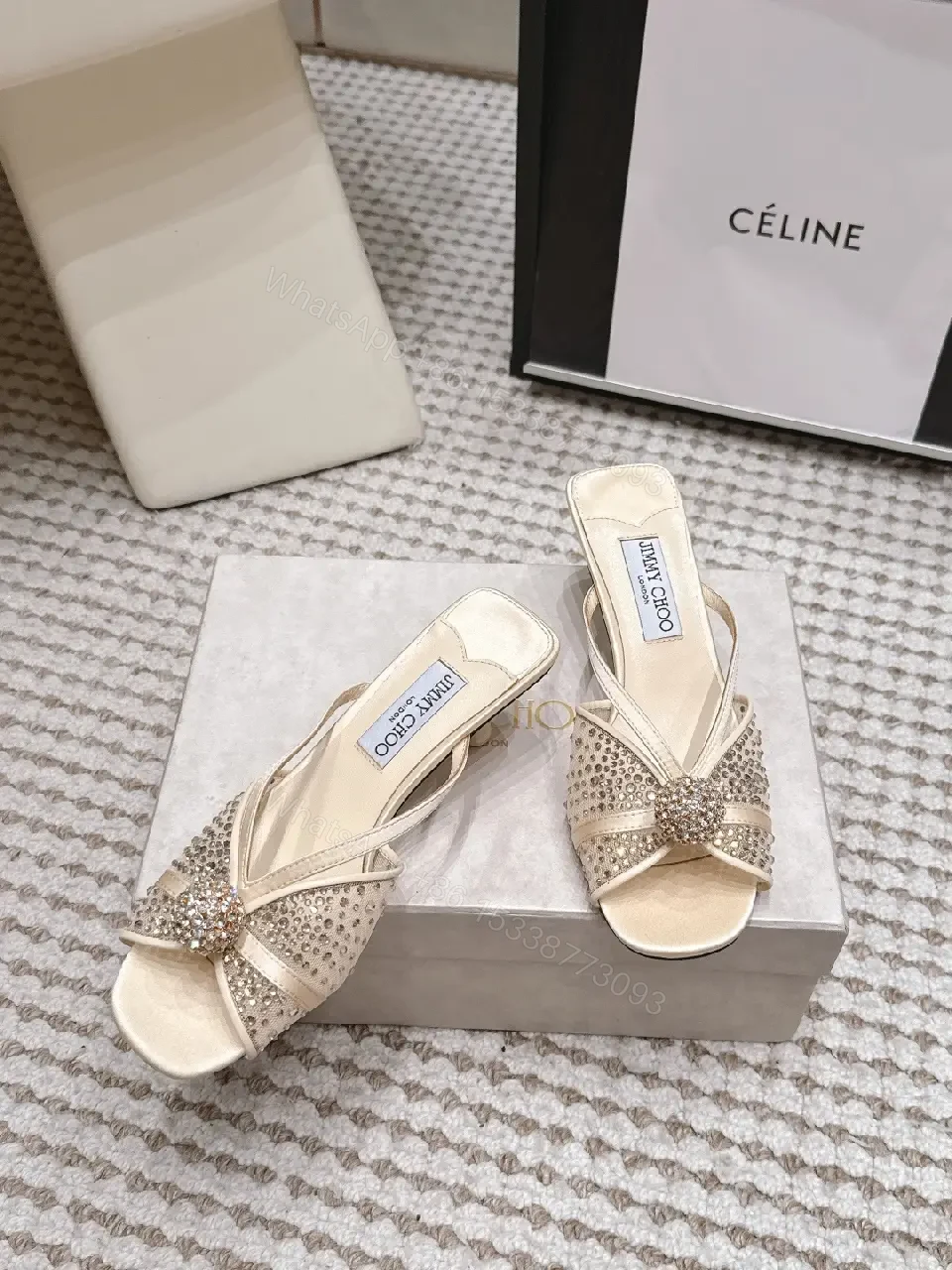 View 5 of Cream satin crystal-embellished kitten-heel sandals for luxury occasions