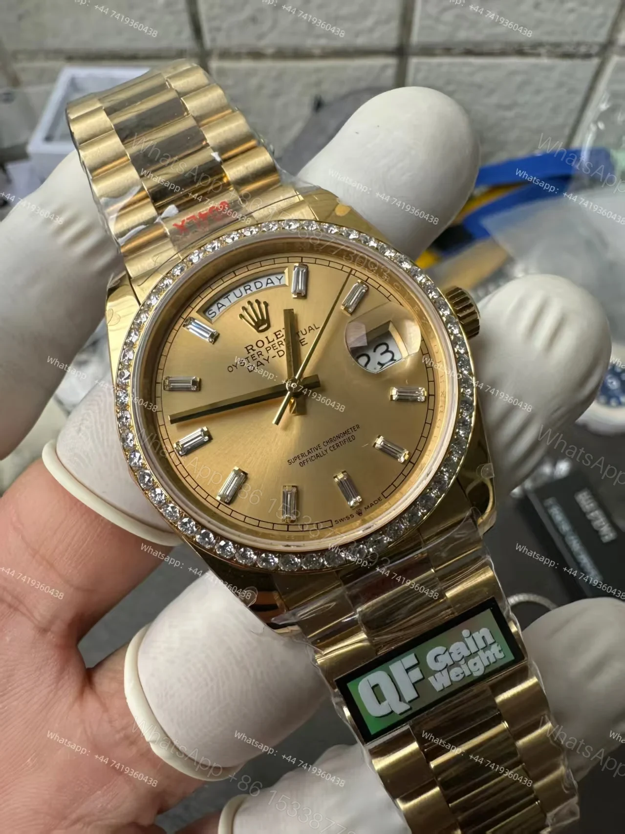 View 12 of Rolex Day-Date M228348RBR-0002 1:1 Replica Moissanite Bezel Gold Dial 40MM 3255 Movement Super Clone Watch