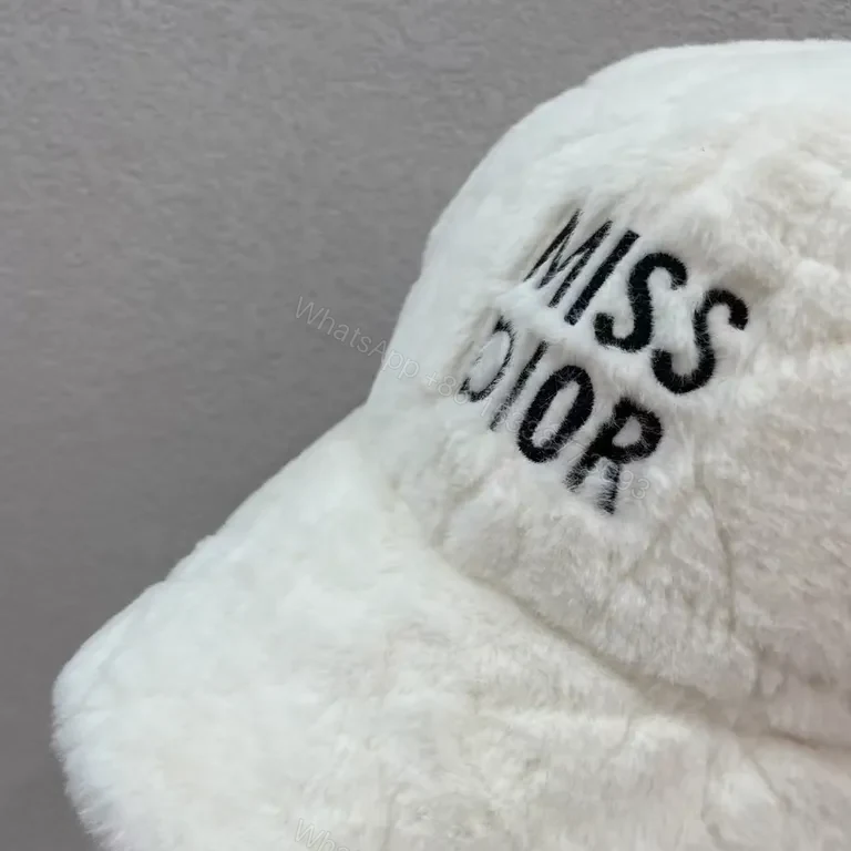 View 3 of Faux-Fur Ivory Cap: Miss Dior Script Luxury Baseball Cap