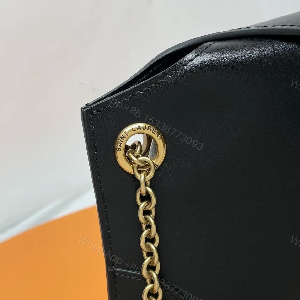View 6 of Black Leather Crossbody: Ultra-Sleek, Gold Accent, Structured Utility Bag