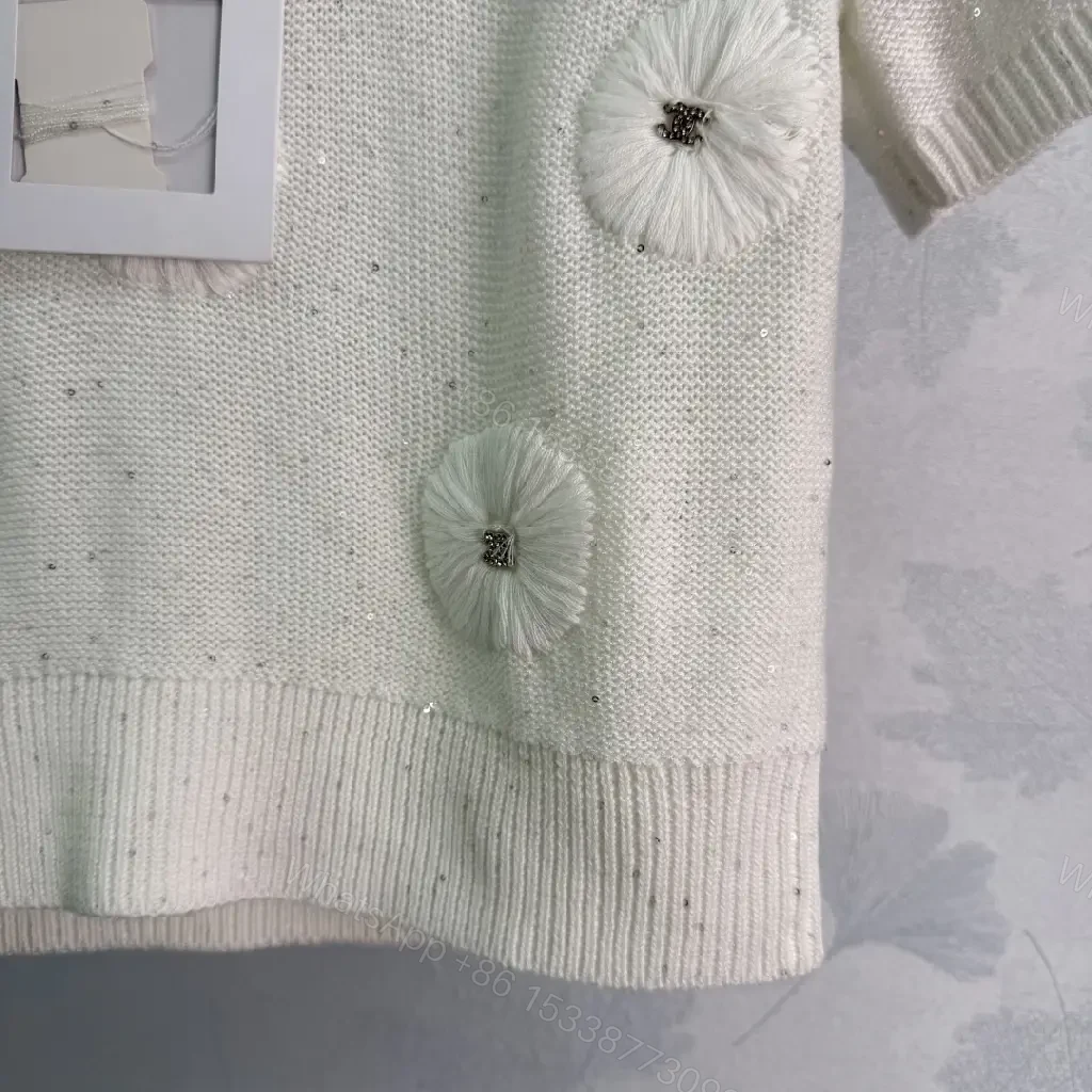 View 8 of White Knit Polo Top with Daisy Floral Embellishments, Pullover