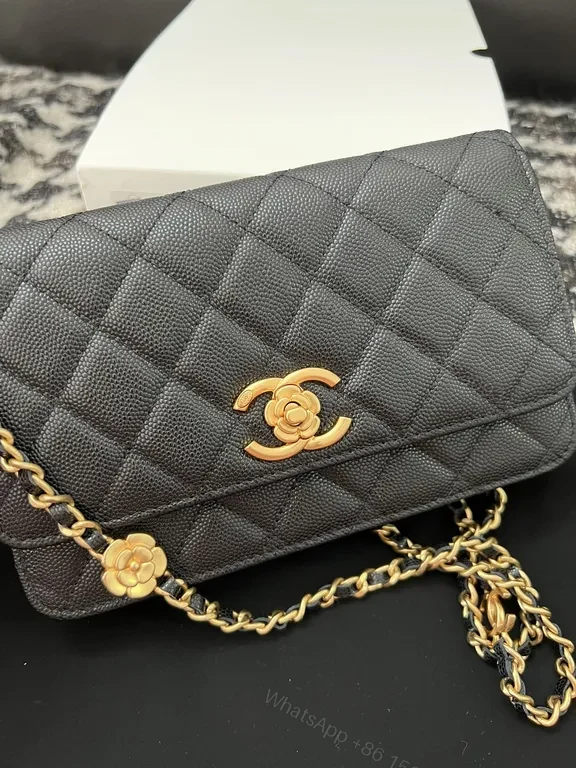 View 2 of Chic Quilted Wallet on Chain: Black Leather, Luxe Gold, CC Logo