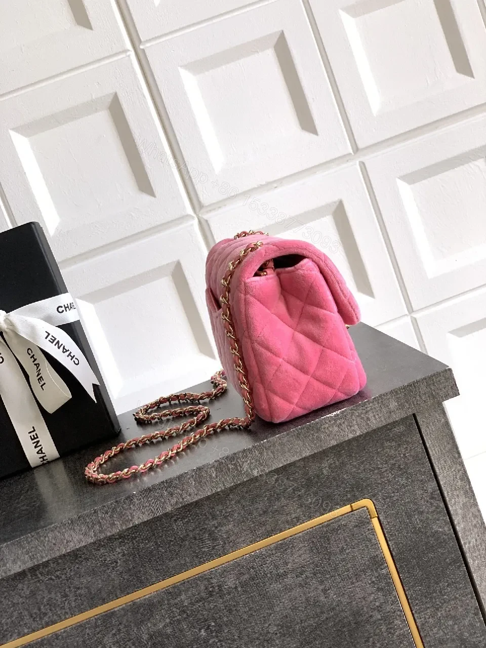 View 2 of Pink Velvet Quilted Flap Bag with Gold Hardware