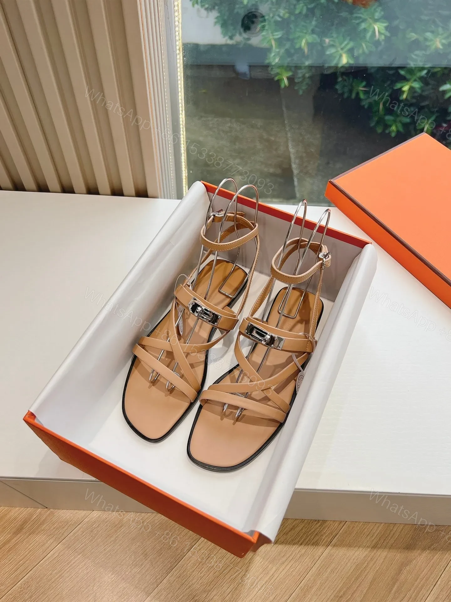 View 3 of Hermes Women Beige Leather Strappy Sandals