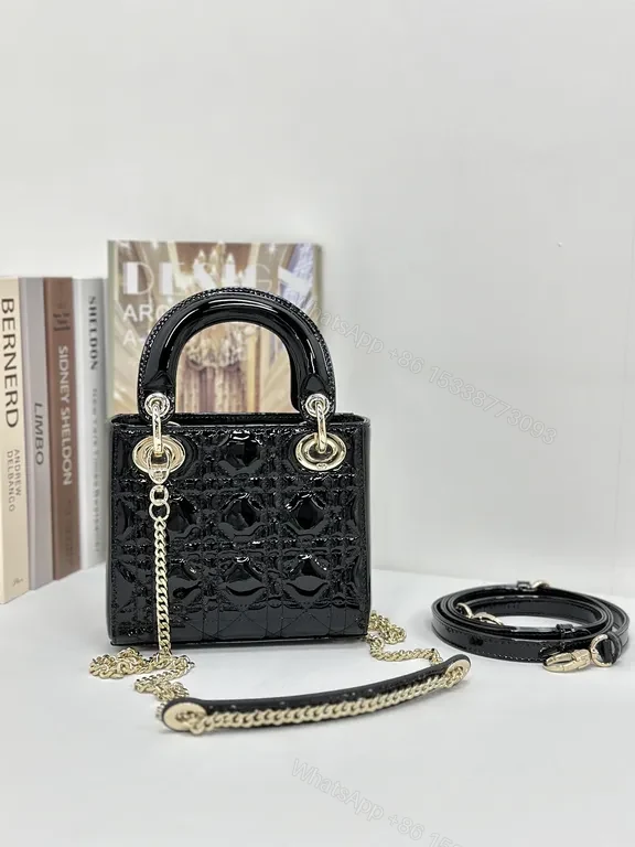 View 6 of Small-Handled Black Patent Bag: Chain Detail & Charms Brand-To-Go