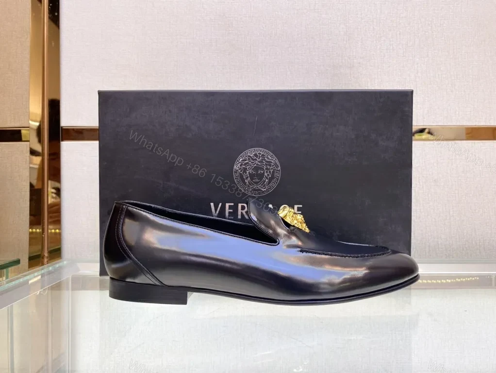 View 7 of Versace Black Calfskin Loafers with Medusa Hardware