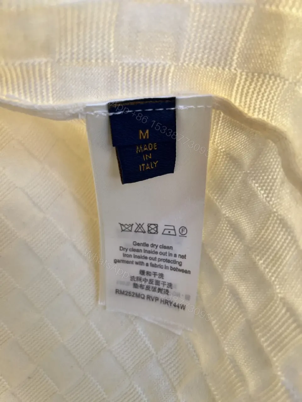 View 5 of Off-White Cream Polo Shirt, Subtle Grid Pattern, 3-Button Placket
