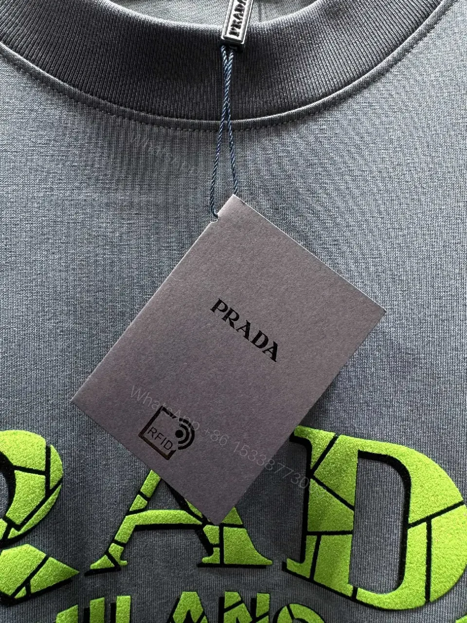 View 7 of Charcoal Cotton Tee with Neon Prada-Inspired Logo Embellishment