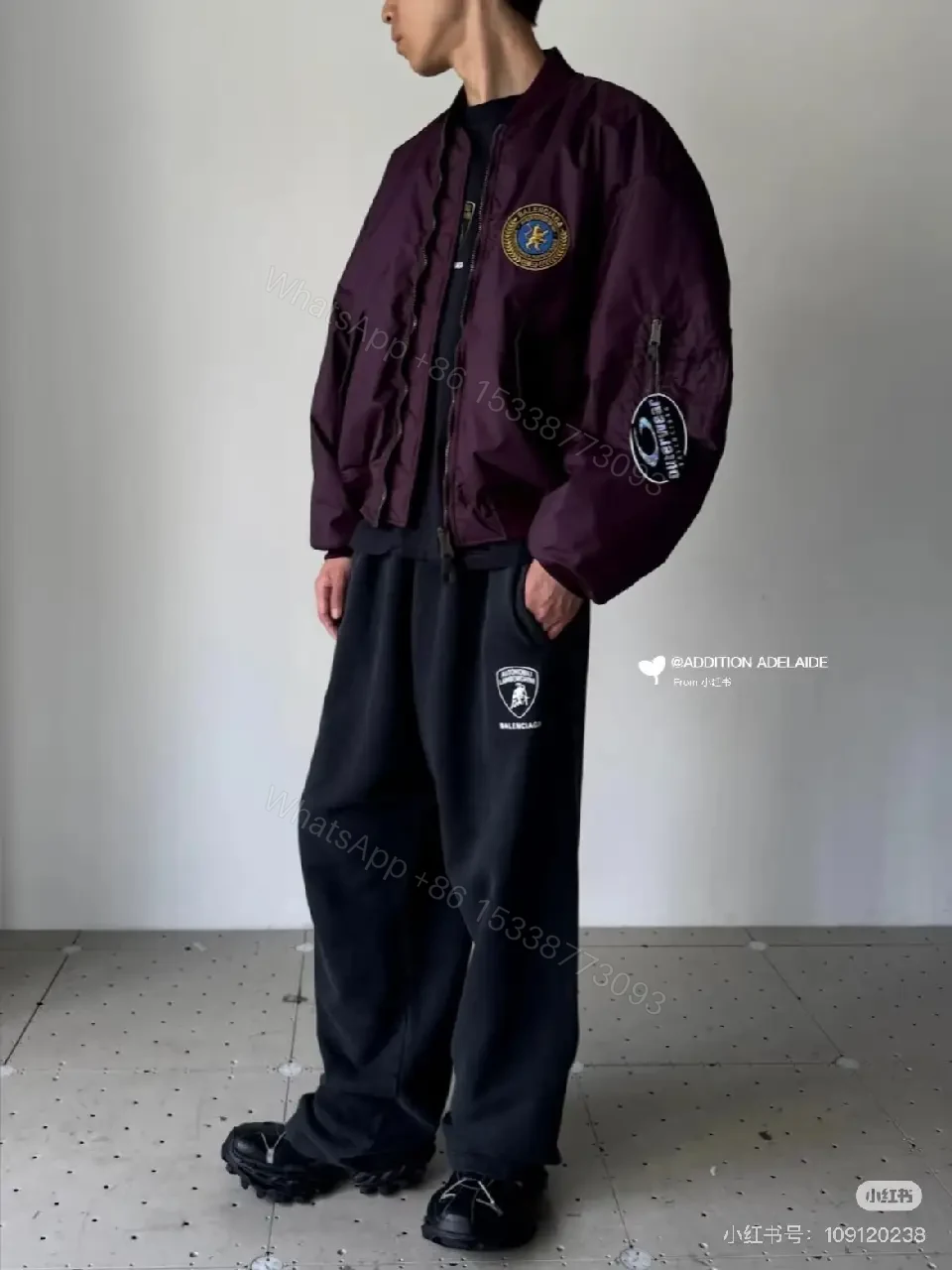 View 7 of Burgundy Satin Bomber with Crest Patch — Luxe Everyday Outerwear