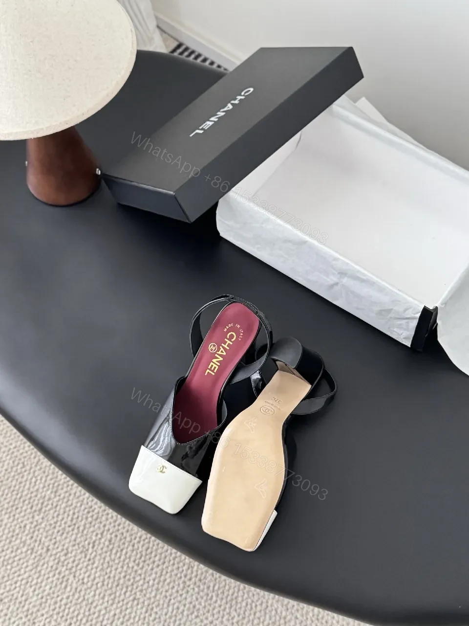 View 6 of White-to-Dark Patent Open-Toe Slingback Heels with Block Heel