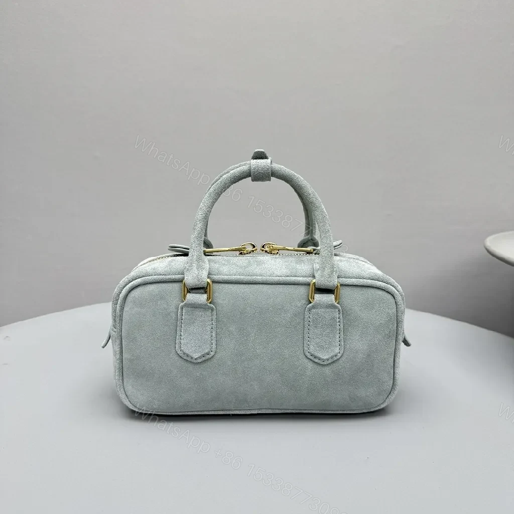 View 3 of Grey Suede Satchel — Structured Luxe, Gold Accents, Everyday Carry