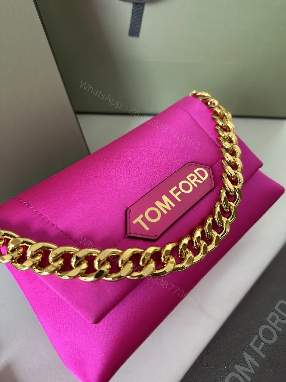 View 4 of Pink Leather Clutch + Gold Chain + Luxury Modern + Bold Statement + Clutch