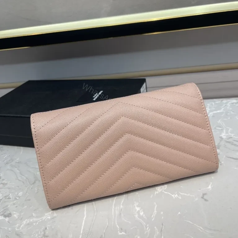 View 9 of Soft Pink Quilted Wallet with Gold YSL Logo | Compact Luxury Wallet