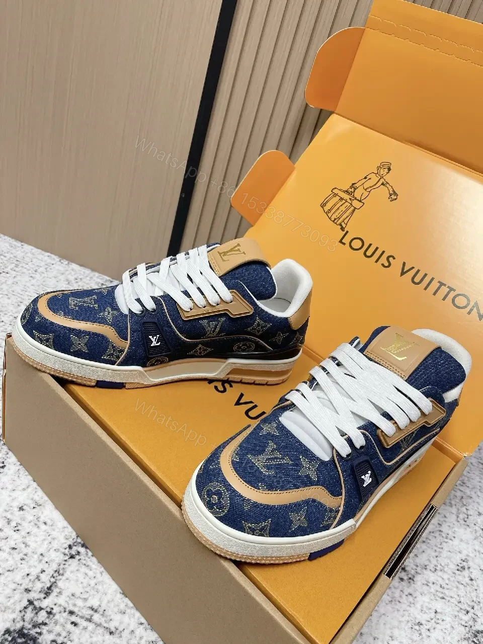 View 3 of Denim Monogram High-Top Sneakers: Luxury Streetwear Comfort