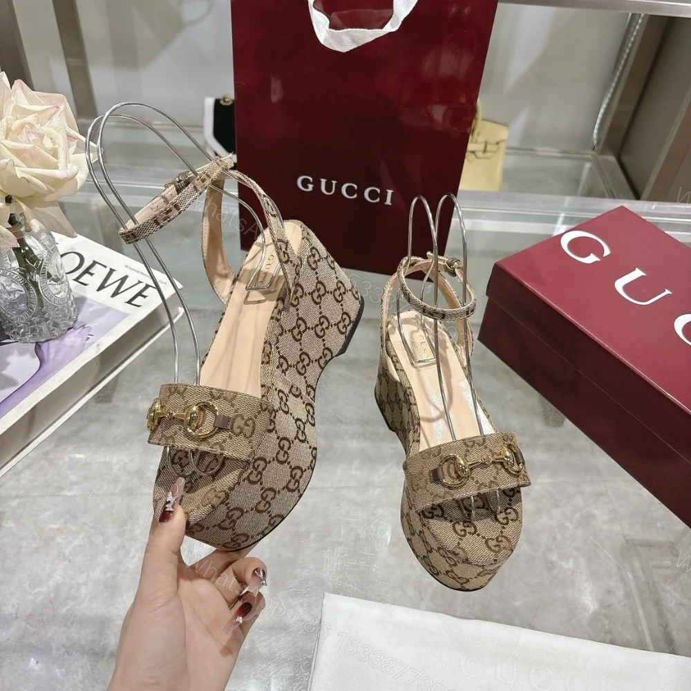 View 3 of GUCCI WOMEN HORSEBIT FLATFORM SANDAL BEIGE AND EBONY 794718 2HK80 9741