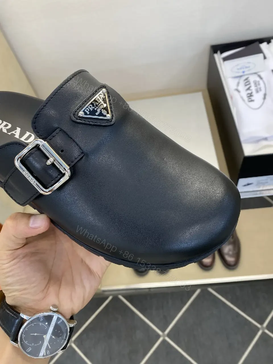 View 4 of Black Leather Slip-ons Mens Prada Style Buckle Sandals