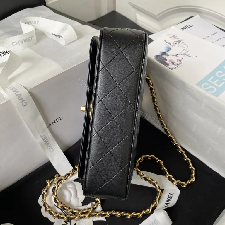 View 2 of Black Quilted Flap Bag with Gold Chain â€” Effortless Designer-Sophistication