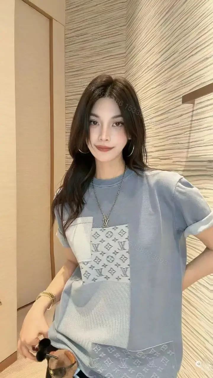 View 9 of Blue Patchwork LV-Patterned Casual Oversized Tee with Chest Pocket