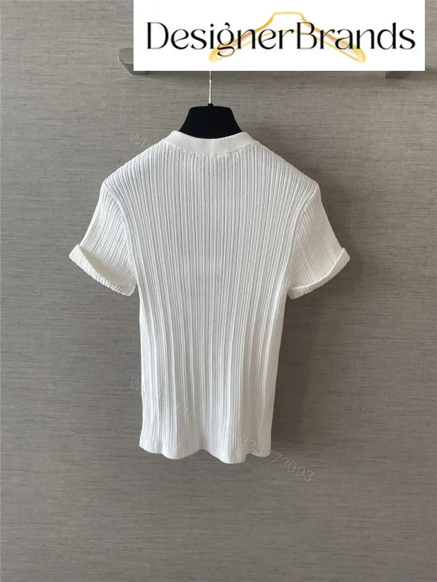 View 7 of White Knit Tee with Logo Embellishment – Elevated Texture, Modern Luxury