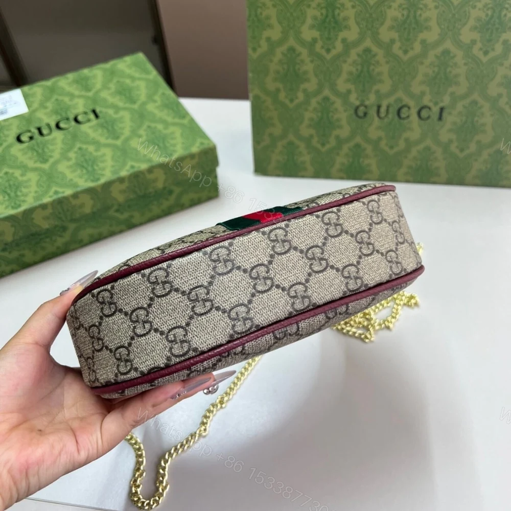View 6 of Gucci Ophidia Small Shoulder Bag Beige And Dark Red GG Fabric 22Cm ‎838463 FAE0P 9789