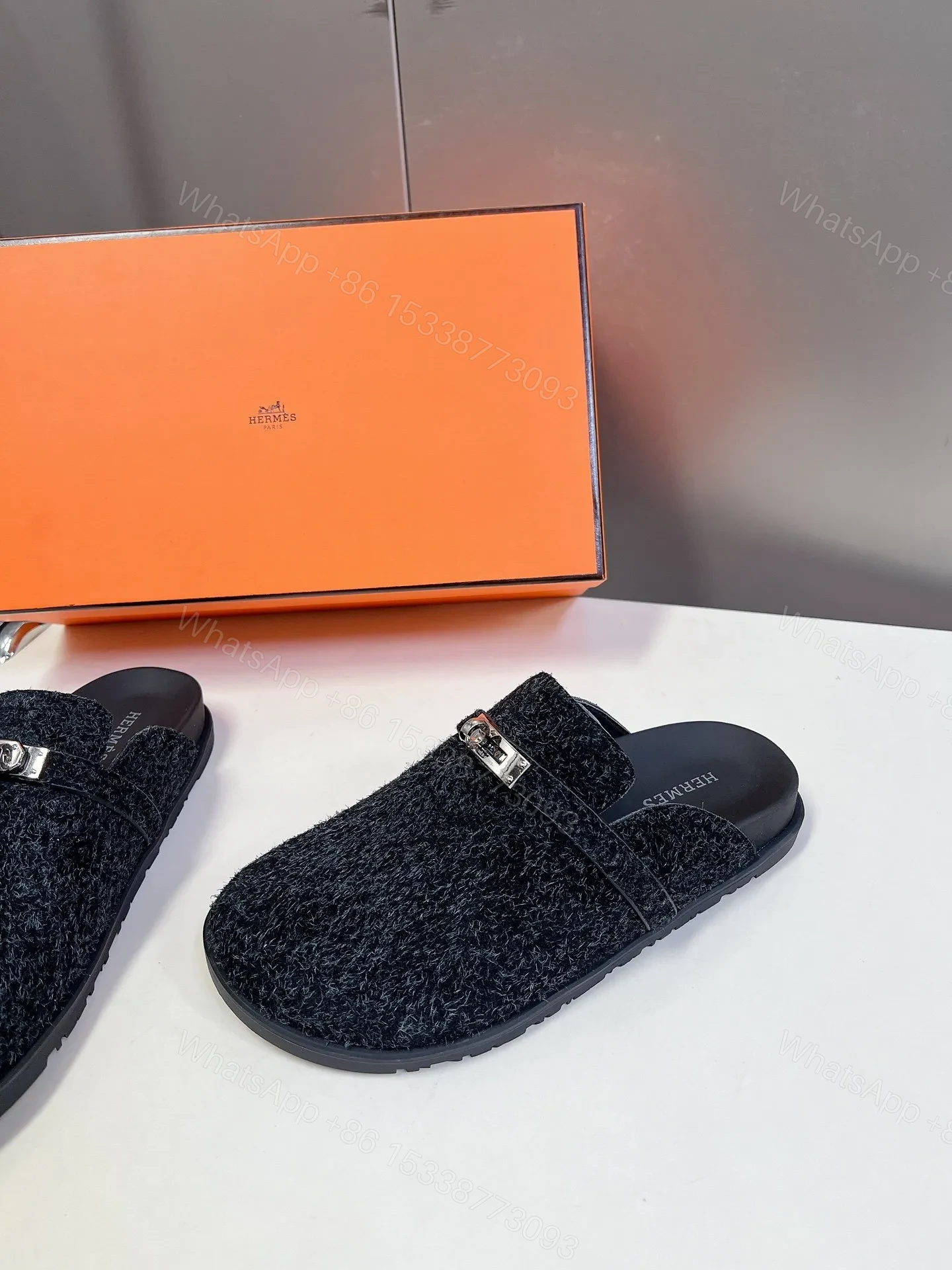 View 4 of Hermes Women Black Fuzzy Fabric Mules