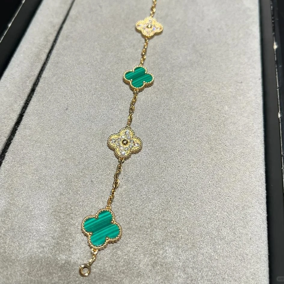 View 5 of VCA Vintage Alhambra Bracelet, Yellow gold, Diamond, Malachite