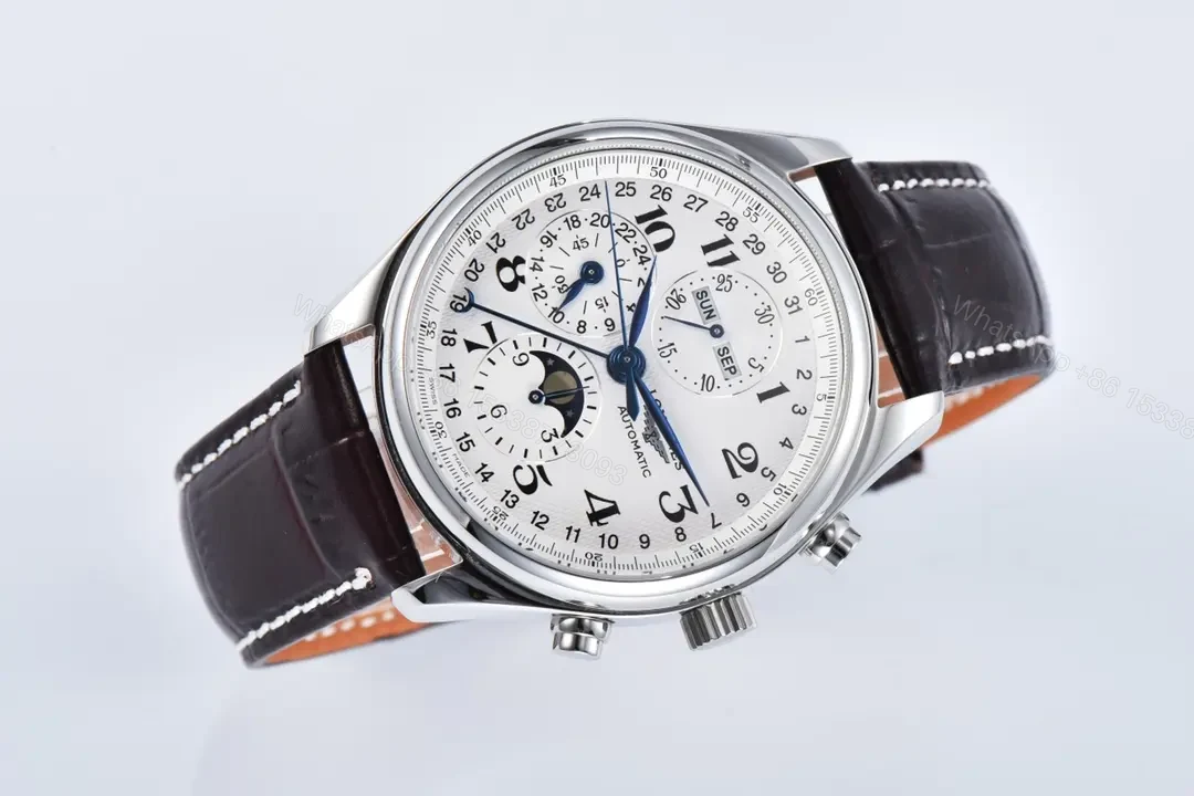 View 2 of Longines Master Collection Moonphase Chronograph Watch Silver Dial Blue Hands Brown Leather Strap 42mm Case