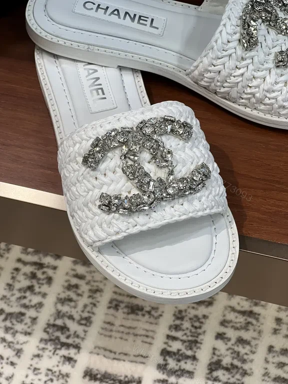 View 3 of Lux White Sparkle Slides - Chanel-Emblem, Luxe Comfort