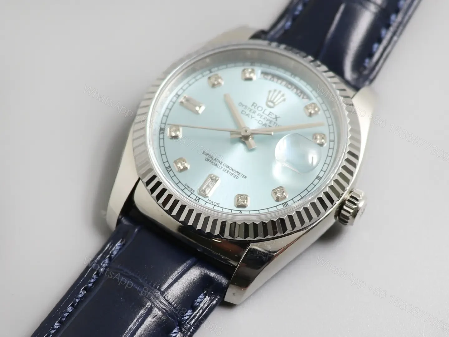 View 2 of Fake Rolex Day-Date Ice Blue Diamond Premium 128236-ROLEX-DD36-ICE-DIA ROLEX-DD36-ICE-DIA Leather Strap 36MM