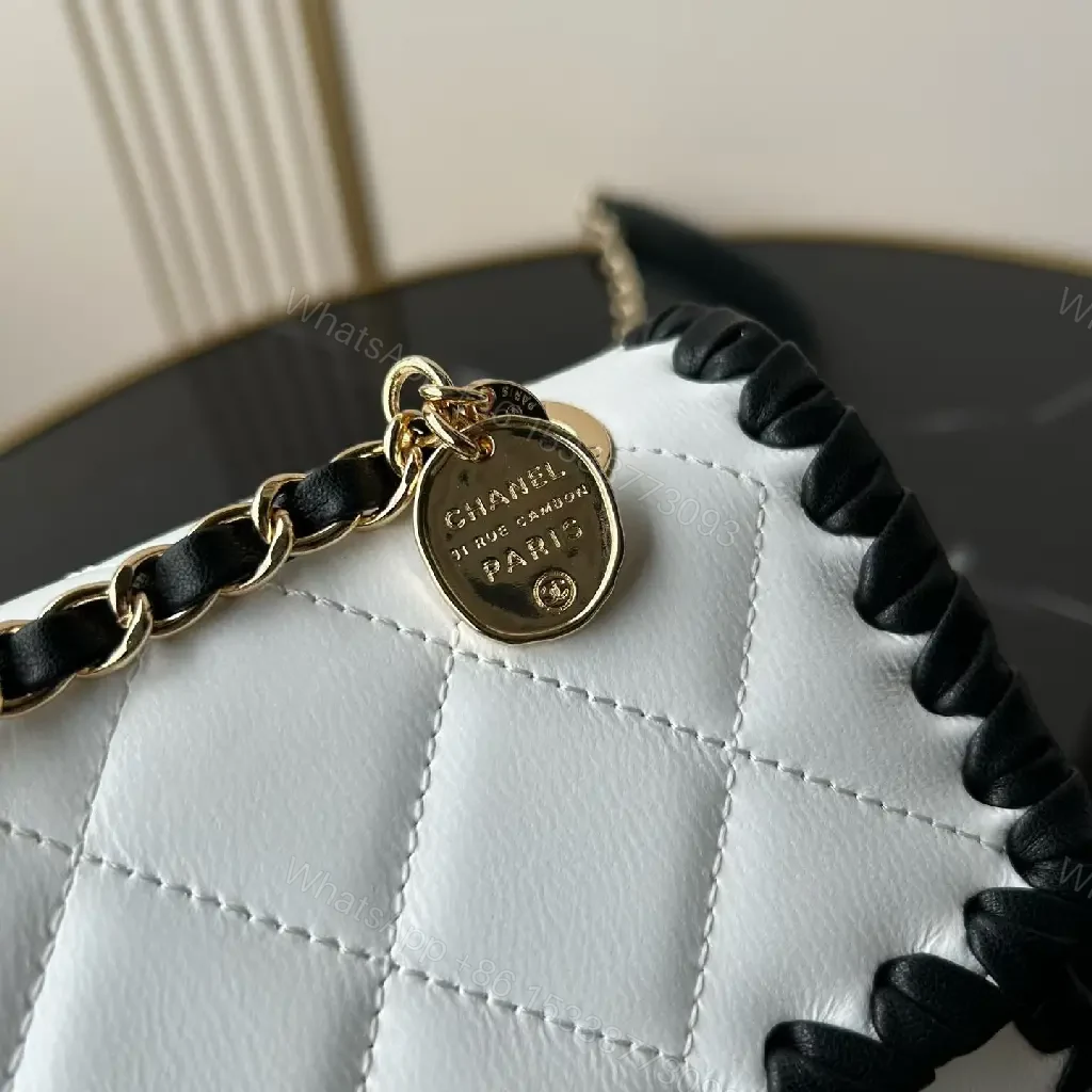 View 2 of White Leather Quilted Flap Bag with Chain Trim, Gold Logo