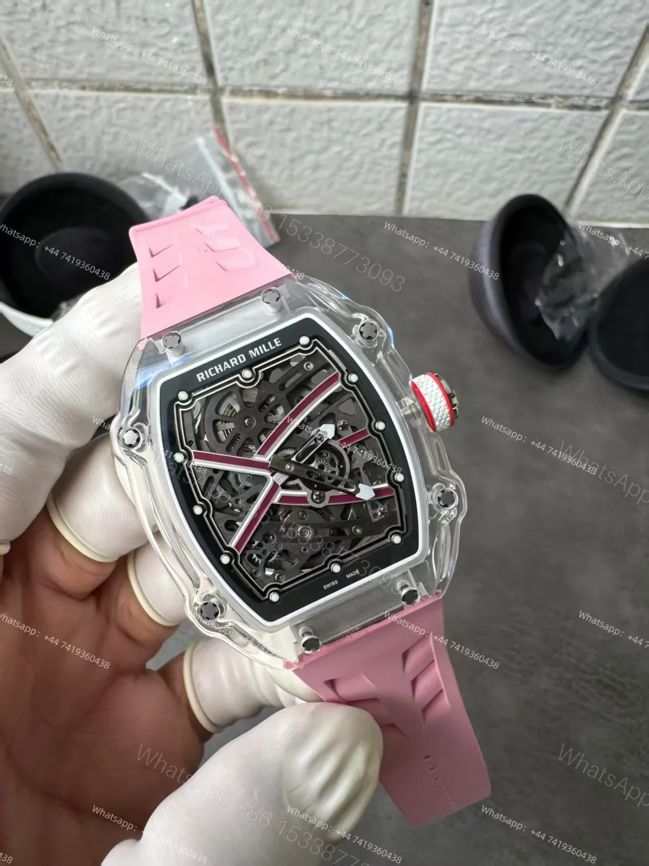 View 11 of Super Clone Richard Mille RM67-02 Sapphire Crystal Skeleton Tourbillon 1:1 Replica Watch with Pink Rubber Strap