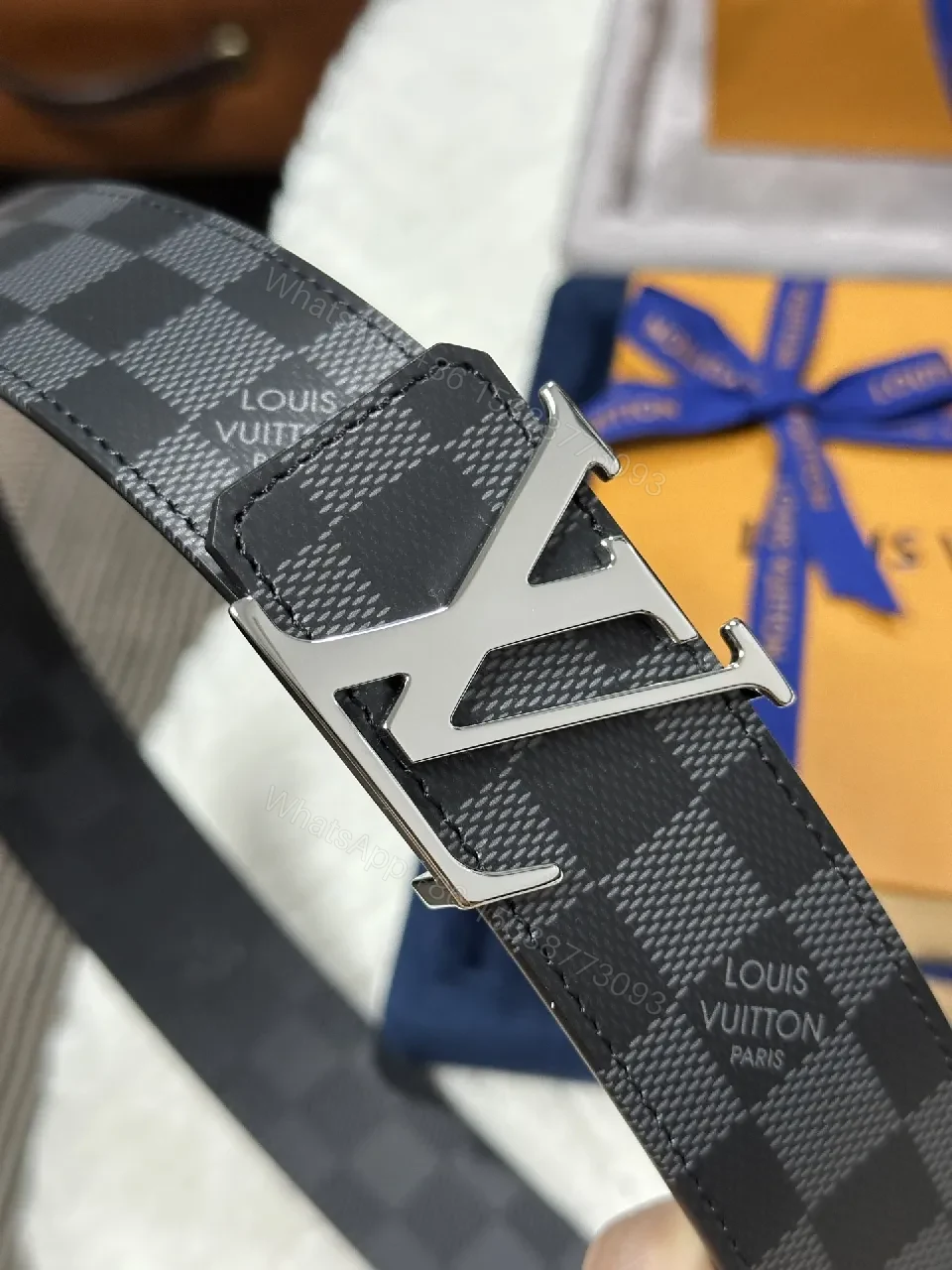 View 8 of Checkerboard Leather Belt with Signature Buckle — Modern Luxury Belt