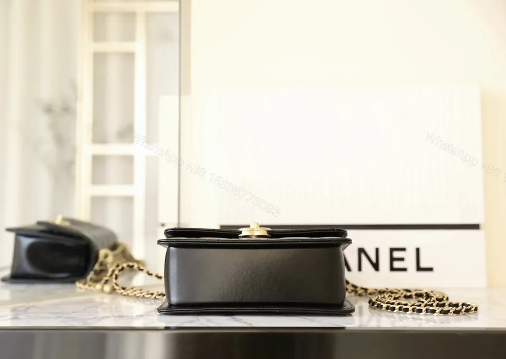 View 5 of Chanel-Inspired Black Quilted Flap Bag with Gold Chain