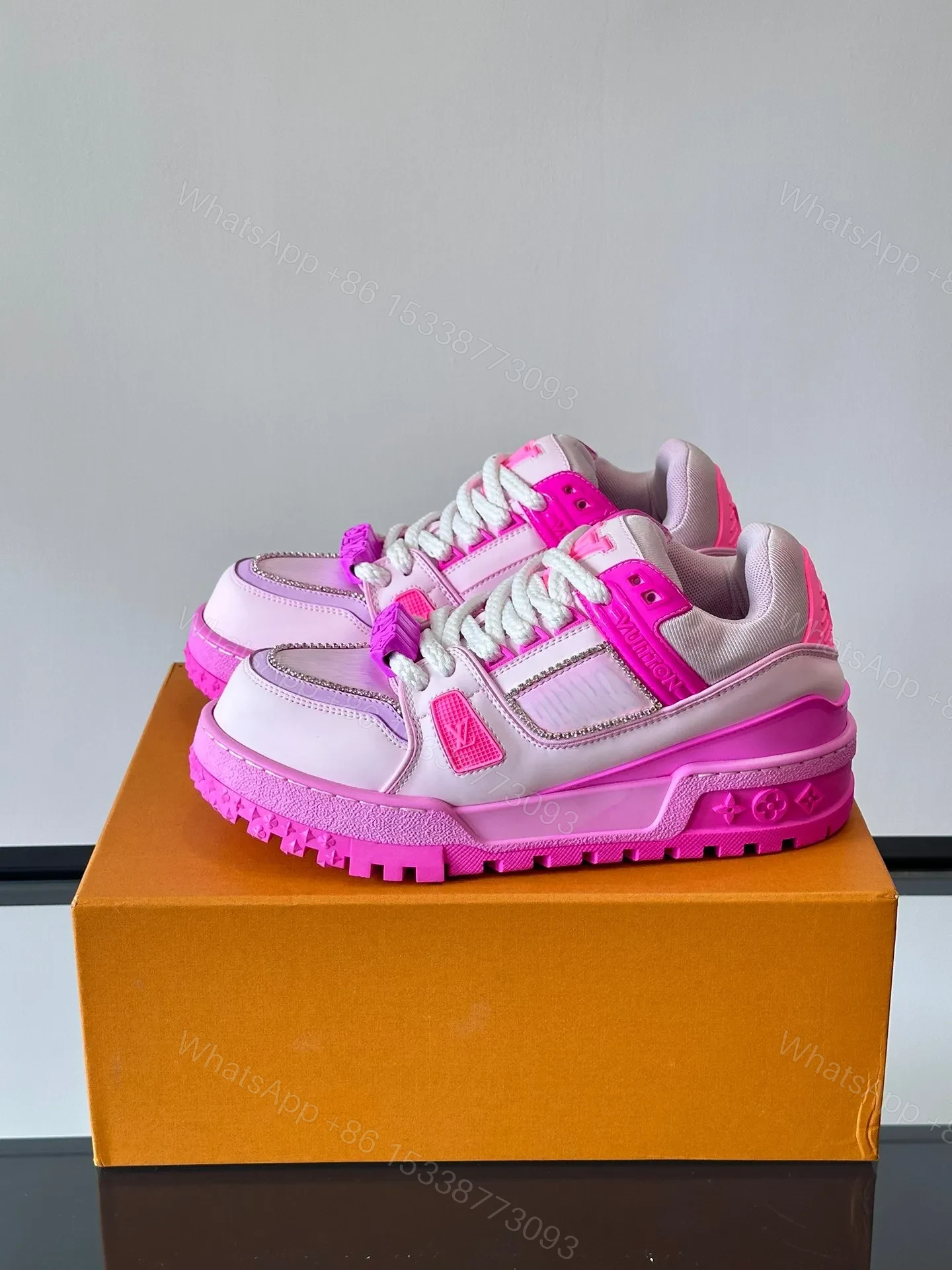 View 3 of LV Men Pink Leather And Mesh Sneakers