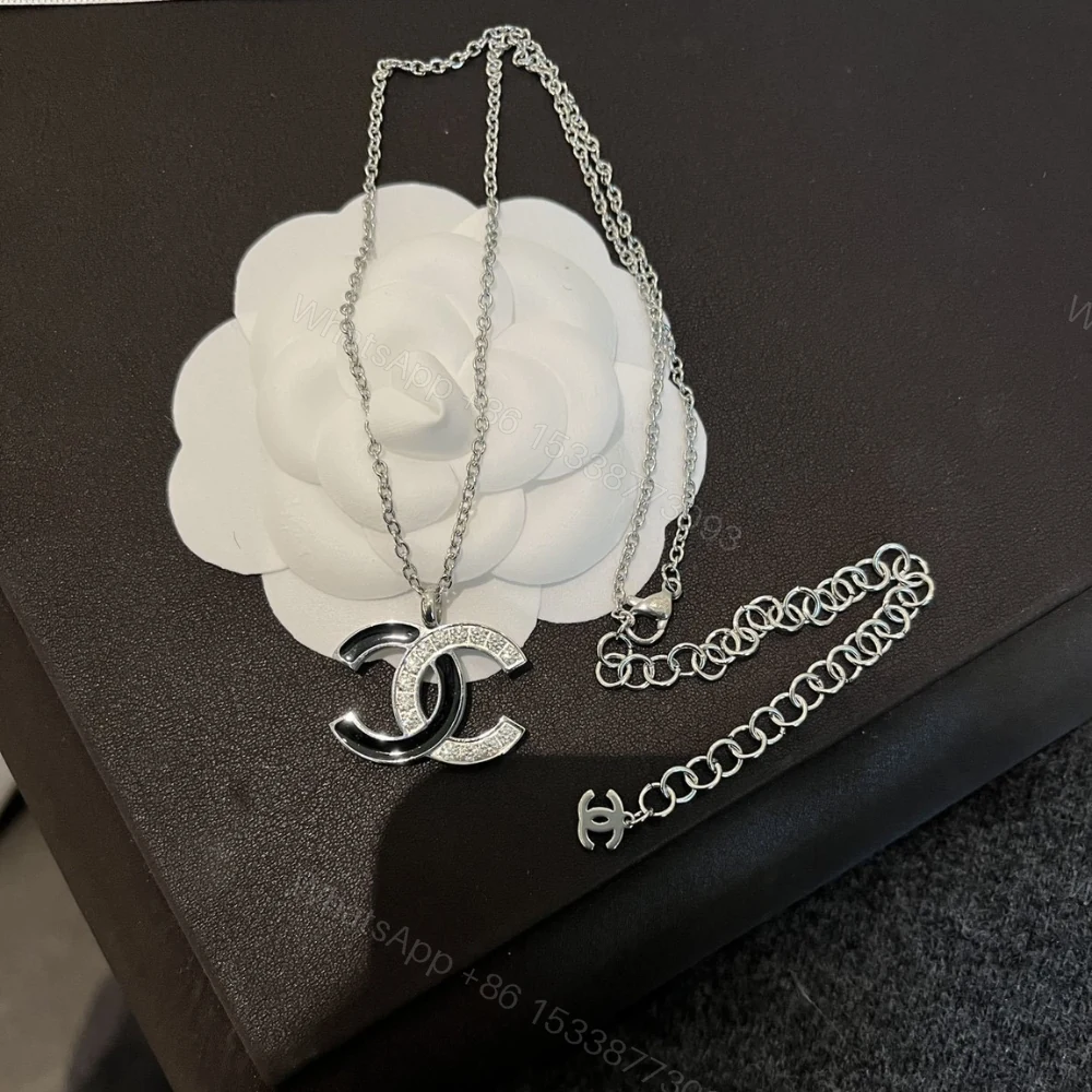 View 6 of Chanel Cc Logo Pendant Necklace White Stones And Black Enamel Silver