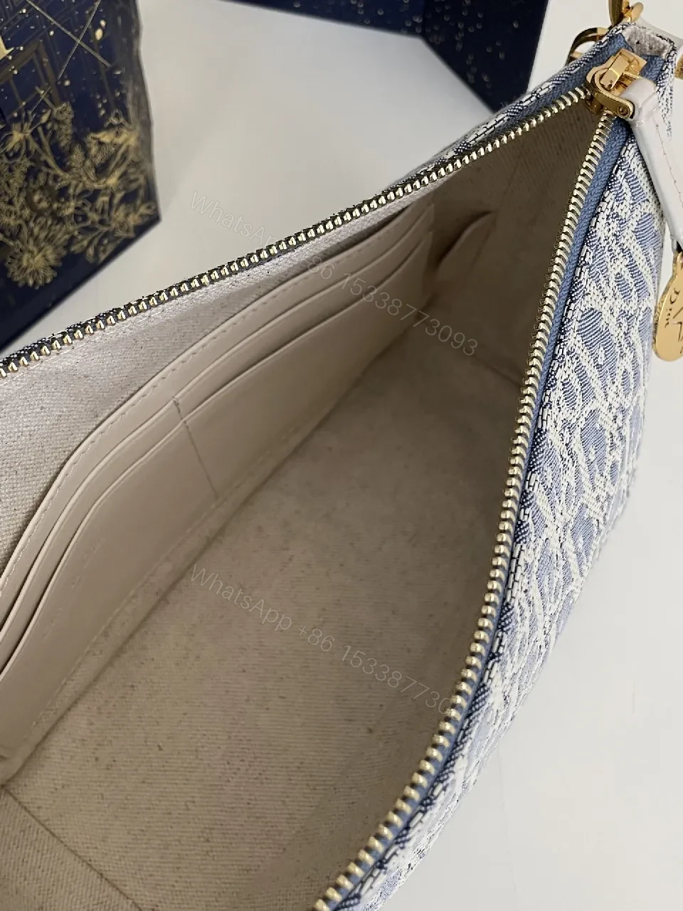 View 3 of Denim-Texture Mini Bag with White Leather Strap Signature Chic Luxury
