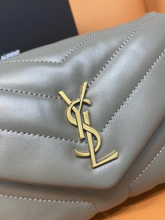 View 7 of Taupe Calfskin Crossbody: Chevron Quilted, Gold Logo, Lux Edit