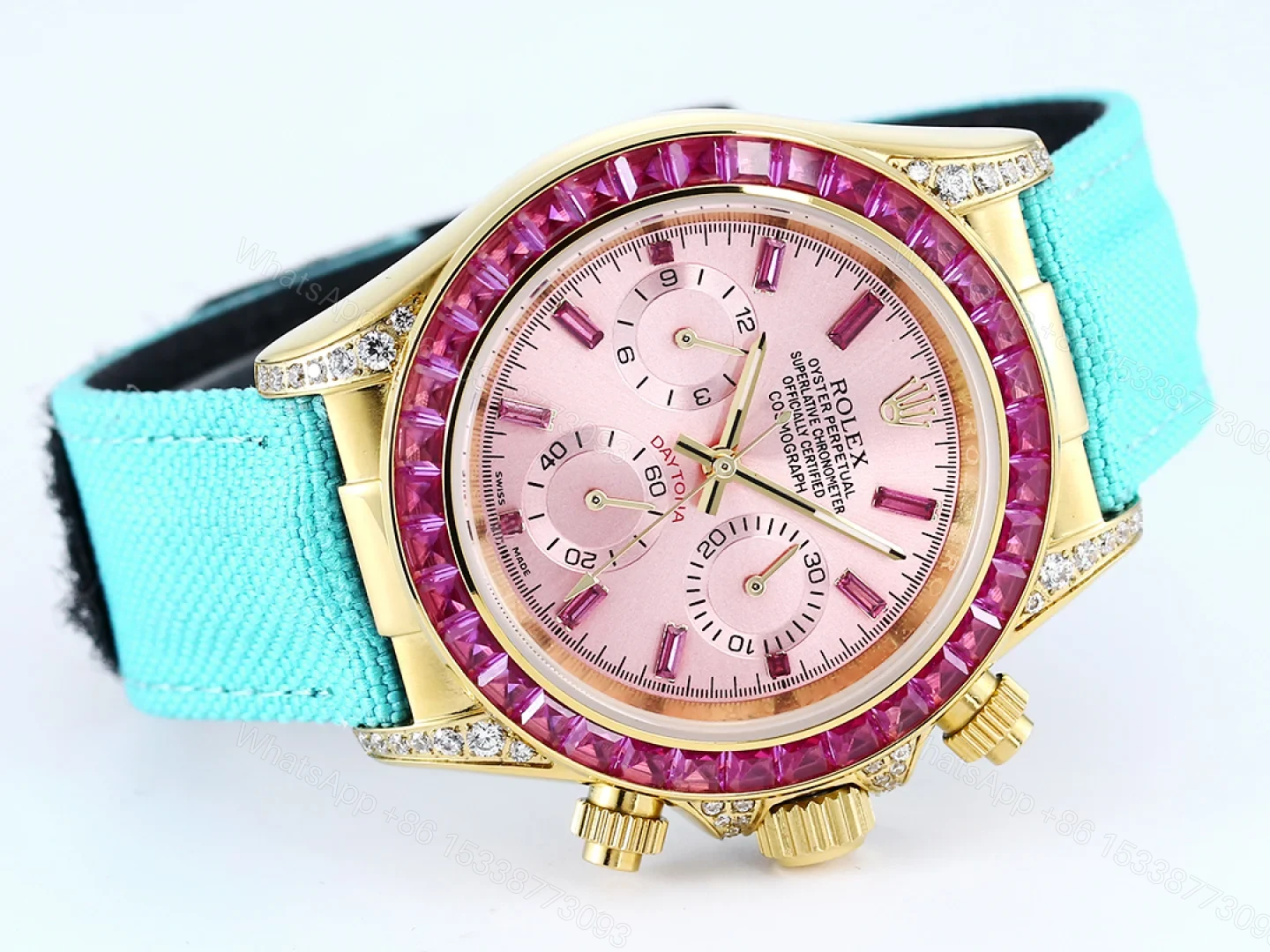 View 3 of Rolex Daytona Pink Ruby Replica 43MM Exclusive Turquoise Fabric Strap RG-ROLEX-DAYTONA-PINK-TURQUOISE-43