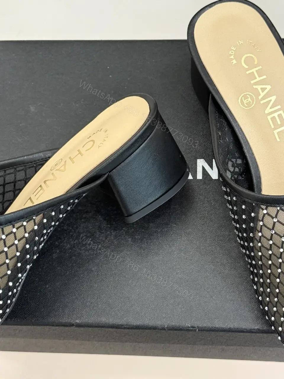 View 6 of Black Mesh Studded Mules Chanel Style Slippers
