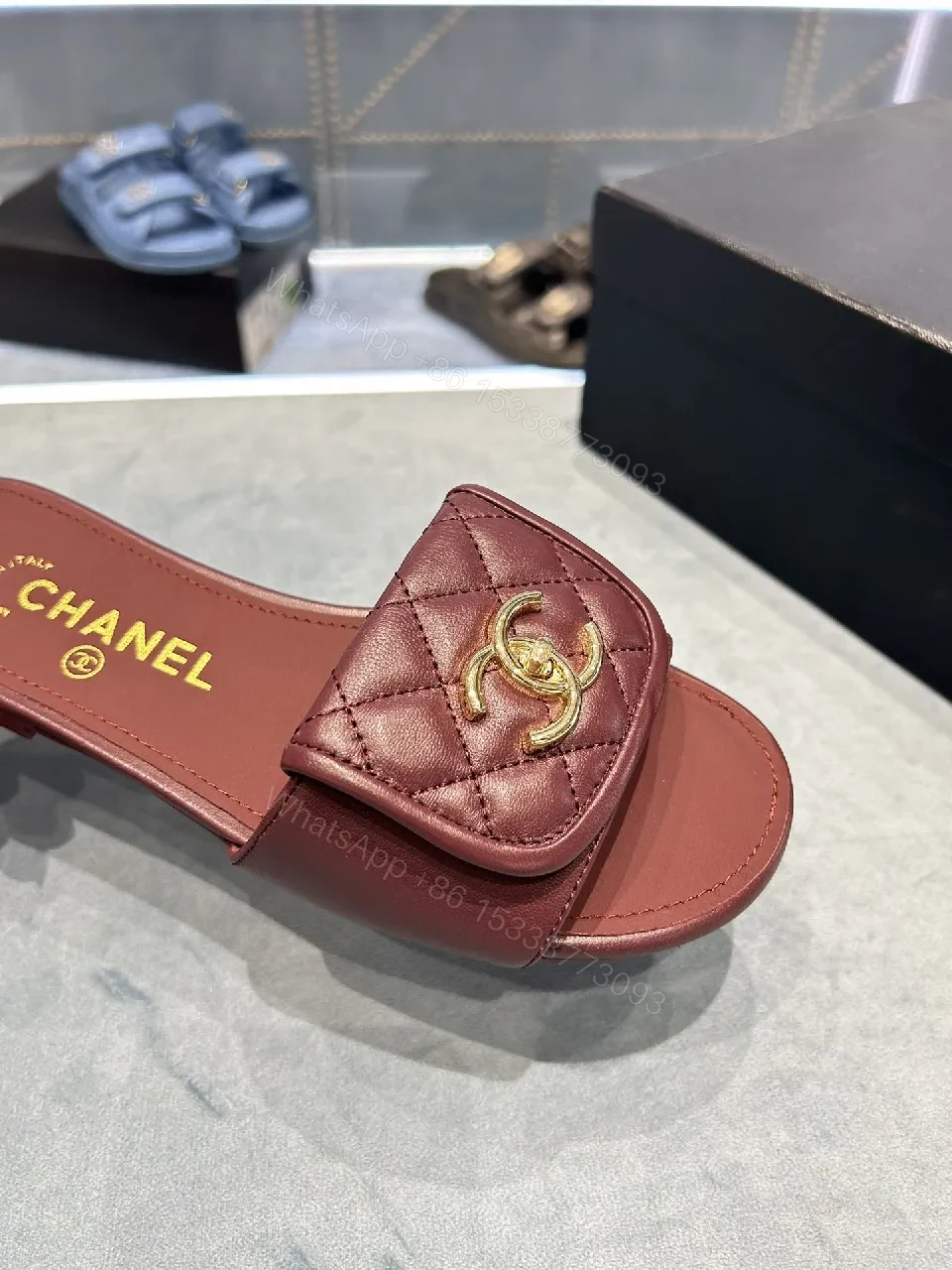 View 2 of Quilted Leather Slides + Open-Toe + Luxury Comfort Slide