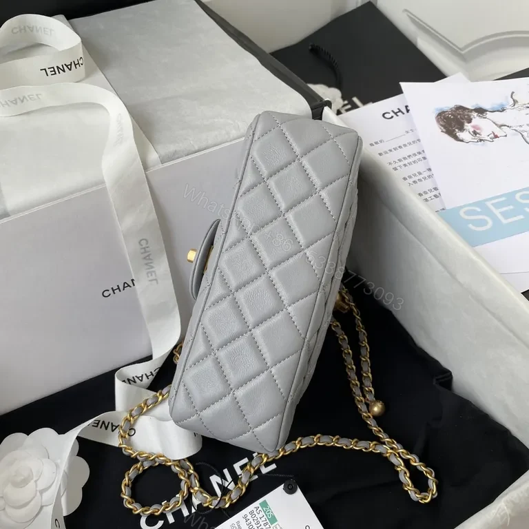 View 7 of Soft Velvet Grey Flap Bag â€” Quilted, Gold-Accent, Everyday Luxe