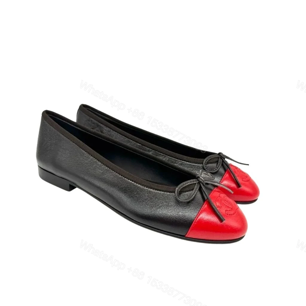 Chanel Crumpled Shiny Cap Toe CC Ballerina Flats Black Red — view 1
