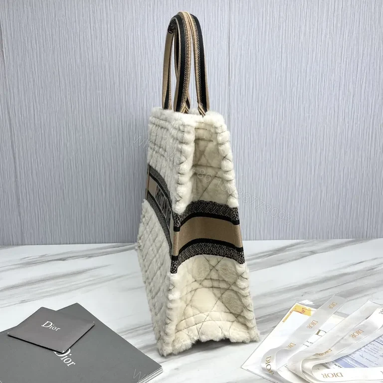 View 2 of Cream Shearling Dior Tote â€” Textured Luxury with Bold Signature Band