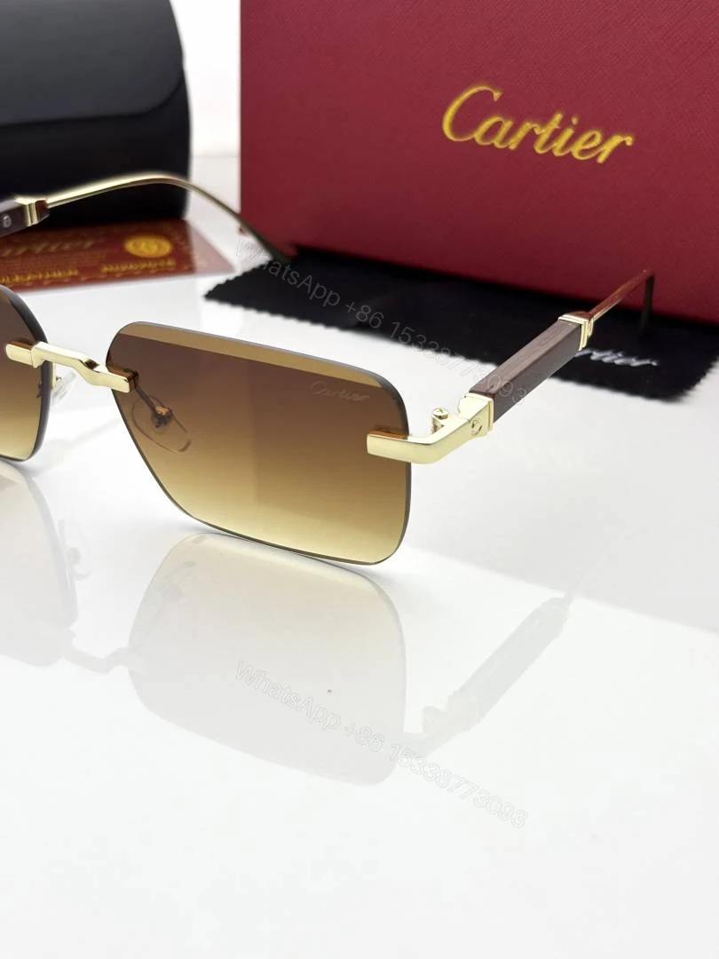 View 5 of First Copy Cartier Rimless Gold Square Sunglasses Brown Gradient Unisex UV Protection