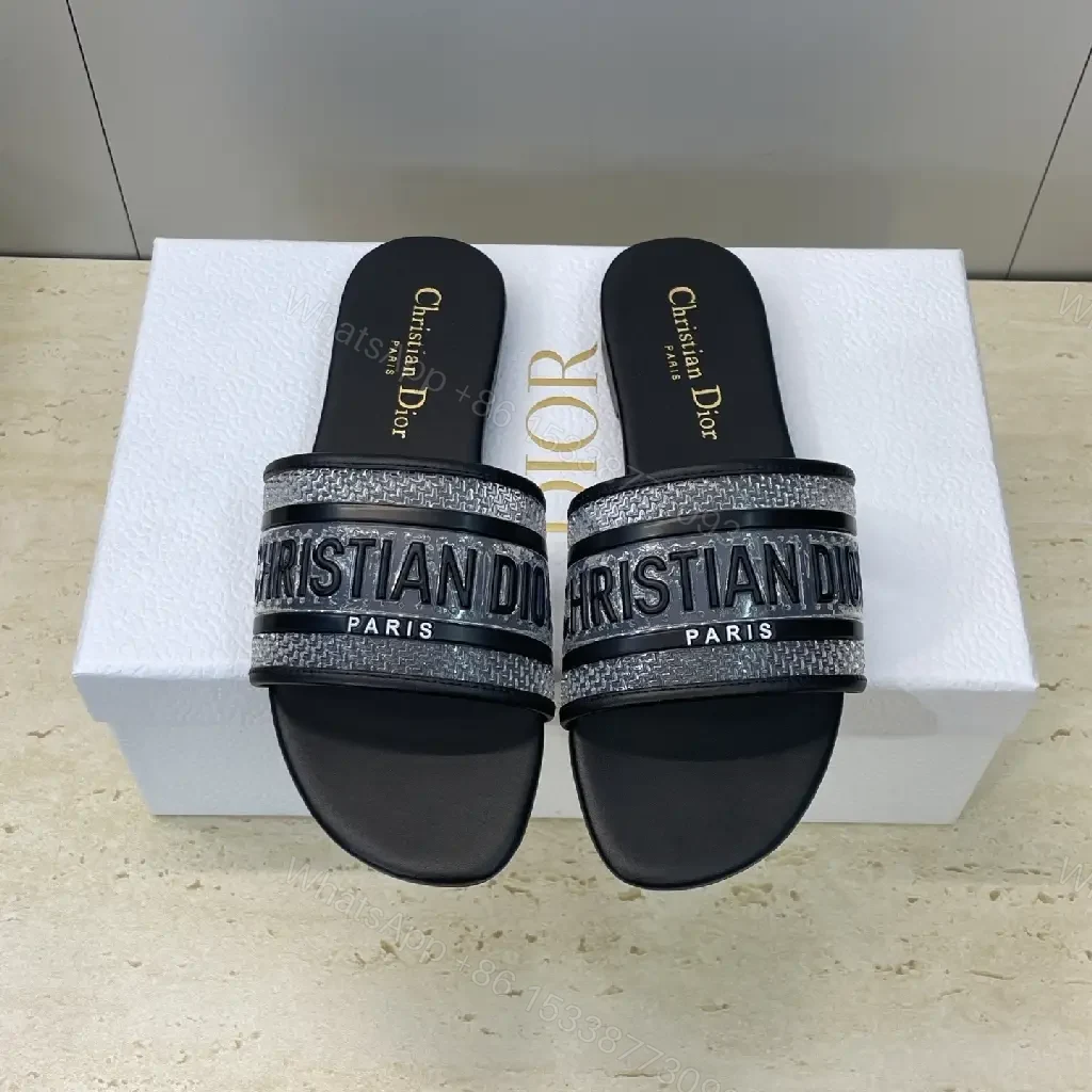 View 2 of Bold Black Synthetic Slide + Braided Strap Luxe + DIOR-inspired Comfort Slides