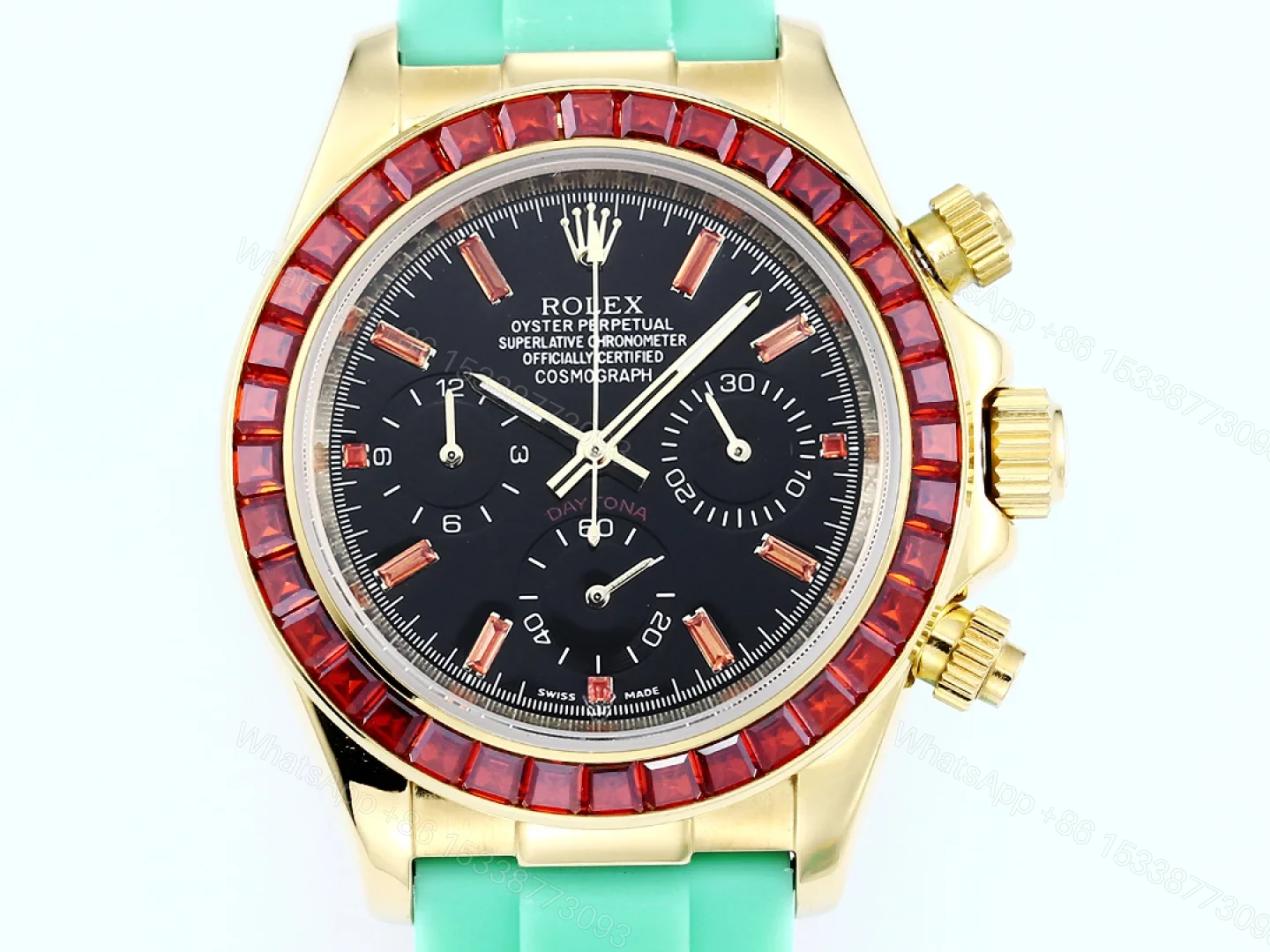 View 4 of Rolex Daytona Ruby Mint Strap Replica 43MM Exclusive Gold Case Edition RG-ROLEX-DAYTONA-RUBY-MINT-43