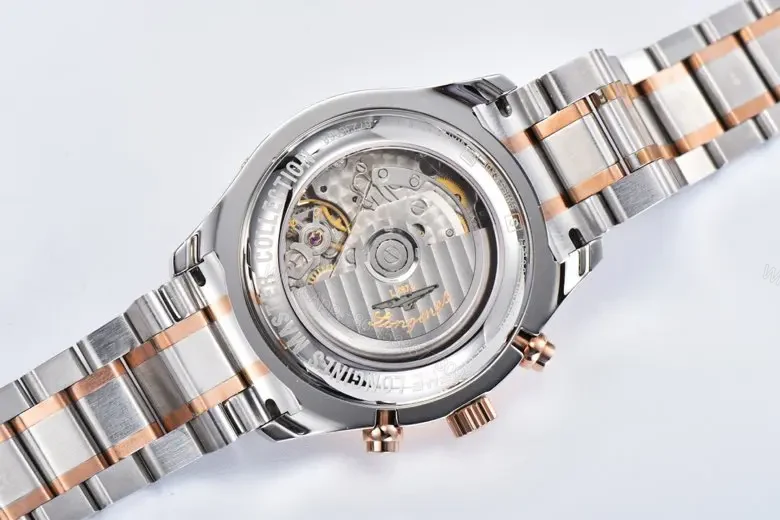 View 9 of Longines Master Collection Moonphase Chronograph Watch Silver Dial Two Tone Stainless Steel and Rose Gold Bracelet 42mm Case Classic Elegant Style